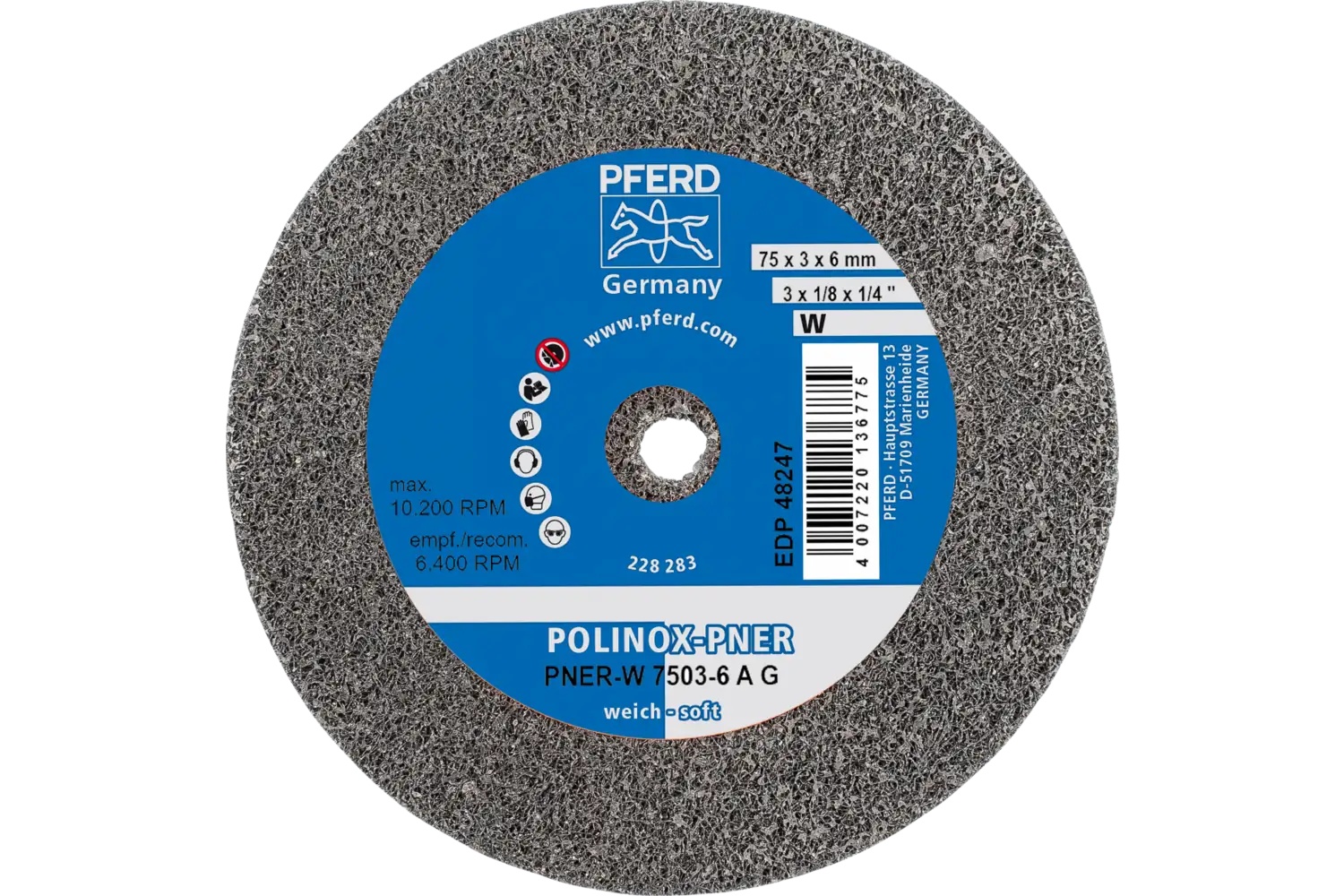 Picture of Pferd Polinox® Unitized Wheel, 3" X 1/8 X 1/4, Coarse, Soft, 2Am, Aluminum Oxide